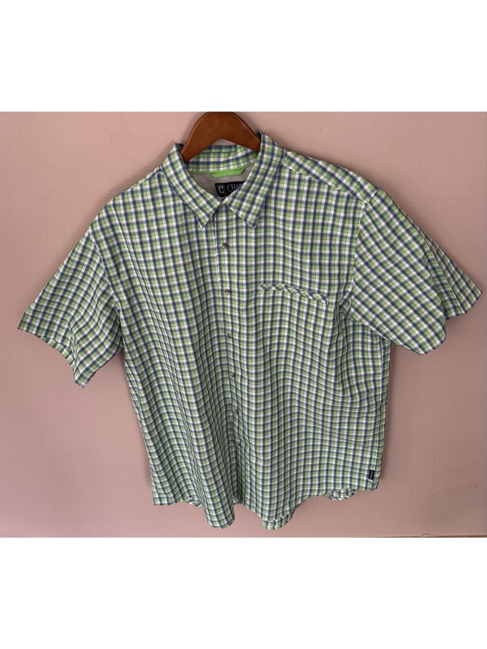 Chaps Men's Plaid Button-Down Shirt Green Blue XL Short Sleeve Easy Care